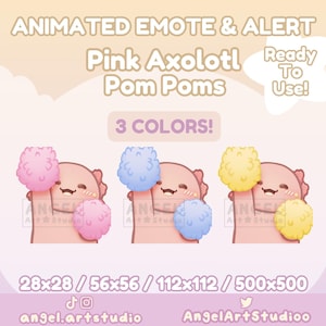 Puede incluir: Emoticono animado y alerta con un ajolote rosa sosteniendo pompones. La imagen incluye el texto "Ready To Use!" y "3 COLORS!". El ajolote se muestra con pompones rosas, azules y amarillos. También incluye el texto "angel.artstudio".