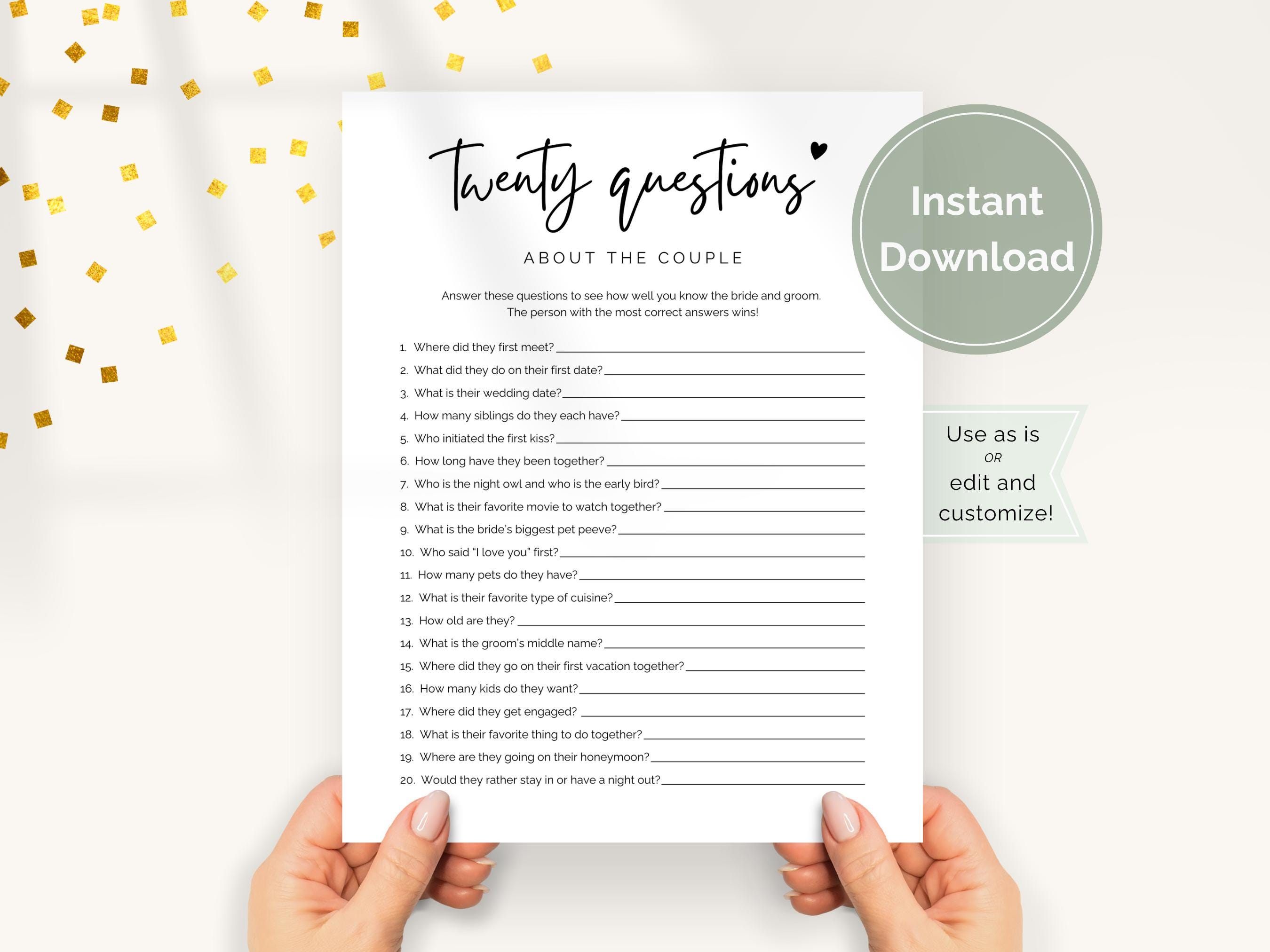 20 Questions About the Couple, Who Knows the Couple Best, Couples Questions Game for Co Ed Bridal Shower, Facts about Bride and Groom