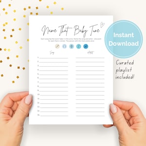 Könnte beinhalten: Eine druckbare Spielkarte für eine Babyparty. Die Karte trägt den Titel "Name That Baby Tune" und Anweisungen für ein Spiel, bei dem die Gäste den Namen eines Liedes erraten müssen, in dem das Wort "Baby" im Text vorkommt. Die Karte enthält eine Liste mit 15 nummerierten Zeilen, auf denen die Gäste ihre Antworten eintragen können.