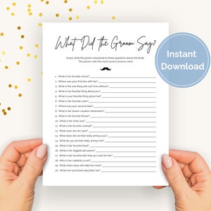 What Did the Groom Say, 20 Questions for Groom, Ask the Groom Game, What Did He Say About His Bride, Bridal Shower Game Black and White