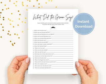 What Did the Groom Say, 20 Questions for Groom, Ask the Groom Game, What Did He Say About His Bride, Bridal Shower Game Black and White