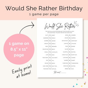 Would She Rather birthday game digital download includes 1 game to be printed on 8.5 by 11 inch page. Minimalist black and white design with modern script font and confetti image.