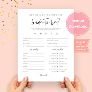 How Well Do You Know the Bride, Who Knows the Bride Best Printable, Would She Rather Bridal, Modern Bridal Shower Game, Bride to Be Game