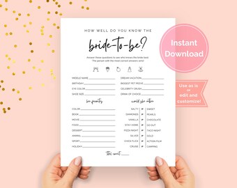 How Well Do You Know the Bride, Who Knows the Bride Best Printable, Would She Rather Bridal, Modern Bridal Shower Game, Bride to Be Game