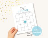 Baby Bingo Template Blue, Bingo Card for Baby Shower, Boy Baby Bingo Blank Activity, Minimalist Editable Template, Modern Script Printable