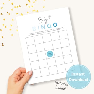 Modelo de Bingo para Bebê Azul, Cartão de Bingo para Chá de Bebê, Atividade em Branco para Bingo de Bebê Menino, Modelo Editável Minimalista, Script Moderno para Imprimir