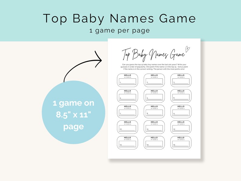 May include: A printable game sheet for a baby names game. The sheet has a title "Top Baby Names Game" and instructions for guessing the top baby names of the last year. The sheet has 15 blank spaces for players to write in their guesses.
