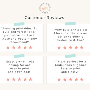 May include: Four customer reviews with five-star ratings for printable products. The reviews highlight the ease of use, customization options, and overall satisfaction with the products.