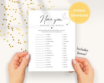 I Love You Around the World Printable, Ways to Say I Love You, Travel Theme Bridal Shower Game, Canva Bridal Game for Bridal Shower Host