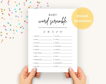 Baby Word Scramble Game, Baby Shower Word Puzzle with Answer Key, Baby Shower Word Unscramble, Minimalist Baby Sprinkle Printable Template