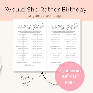 Would She Rather birthday game digital download includes an option to print 2 games on 8.5 by 11 inch page. Minimalist black and white design with modern script font and confetti image.