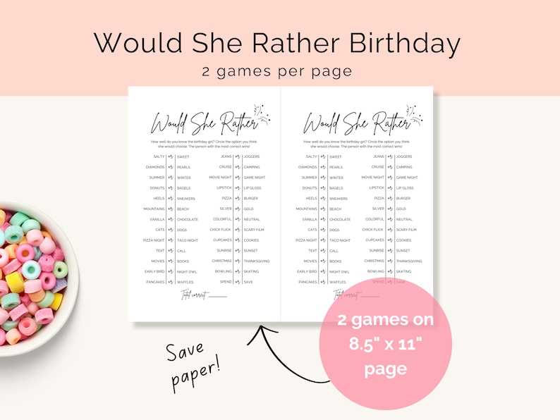 Would She Rather birthday game digital download includes an option to print 2 games on 8.5 by 11 inch page. Minimalist black and white design with modern script font and confetti image.
