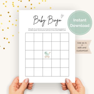 Jeu vierge de bingo pour baby shower, landau vert carte de bingo-cadeau modifiable, activité cadeau minimaliste amusante et neutre en matière de genre