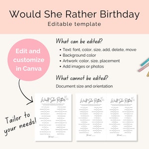 Would She Rather birthday game digital download includes an option to edit the game in Canva. Minimalist black and white design with modern script font and confetti image.