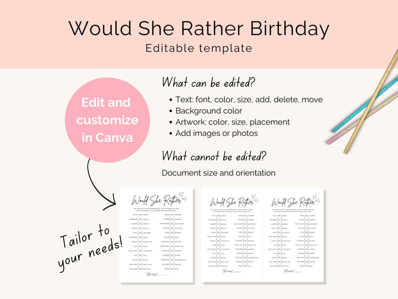 Would She Rather birthday game digital download includes an option to edit the game in Canva. Minimalist black and white design with modern script font and confetti image.