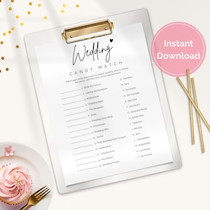 Candy Match Bridal Shower Game, Wedding Candy Match, Match the Candy Bar, Downloadable Bridal Shower Game, Game for Bridal Shower Host