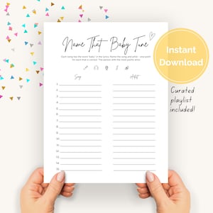 以下が含まれることがあります： 「Name That Baby Tune」という印刷可能なベビーシャワーゲーム。このゲームには、歌詞に「baby」という言葉が含まれている15曲がリストされています。プレイヤーは各曲の曲名とアーティストを当てる必要があります。最も多くのポイントを獲得した人が勝ちます。