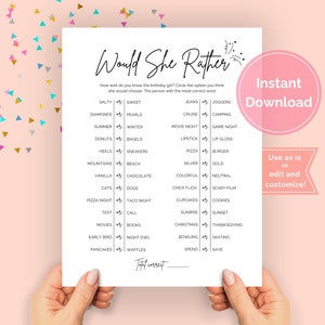 Könnte beinhalten: Ein druckbares "Would She Rather"-Spiel mit einer Liste von 20 Fragen für eine Party oder einen Spieleabend. Die Fragen sind in schwarzer Schrift auf weißem Hintergrund geschrieben.