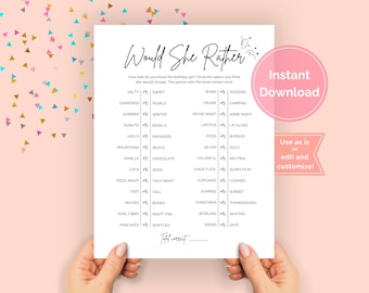 Would She Rather Birthday Game, Who Knows the Birthday Girl, Would She Rather Digital Download Printable, Birthday Girl Trivia