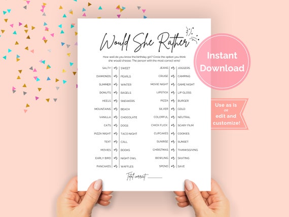 Would She Rather Birthday Game, Who Knows the Birthday Girl, Would She Rather Digital Download Printable, Birthday Girl Trivia