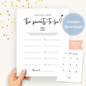 Puede incluir: Una hoja de juego imprimible para baby shower en blanco con el texto "¿Qué edad tenían los futuros padres?" y un espacio para adivinar la edad en cada fotografía. Incluye etiquetas con números de fotos. Descarga instantánea.