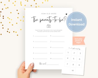 May include: A white printable baby shower game sheet with the text "How Old Were The Parents-to-Be?" and a space to guess the age in each photograph. Includes photo number tags. Instant download.