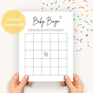 Tarjetas de bingo para baby shower, plantilla minimalista de bingo en blanco, juego fácil para baby shower, actividad moderna de baby shower con chispas, bingo de regalo para baby shower
