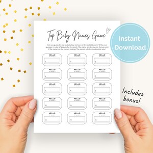 May include: Printable baby shower game with the title "Top Baby Names Game". The game asks players to guess the top baby boy names over the last 100 years. Players write their guesses in the blank spaces provided. The game includes a bonus.
