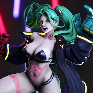 May include: A female figure with green hair and glowing orange eyes, wearing a black bikini top and matching bottoms with pink accents. She is wearing a dark blue jacket with yellow accents and has a robotic arm. The figure is posed in a dynamic action pose.
