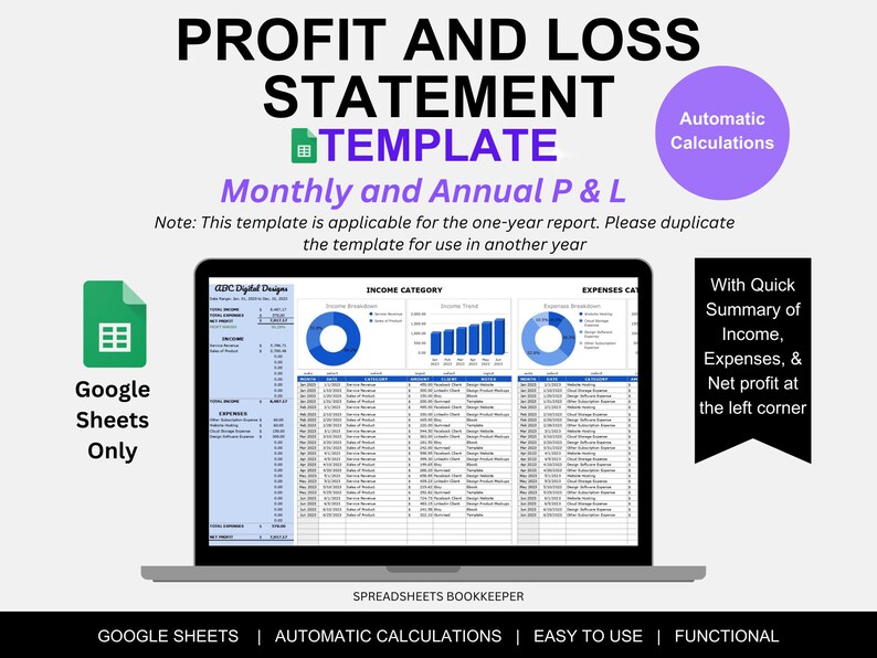 Profit and Loss Statement Google Sheets Template Automatic Etsy