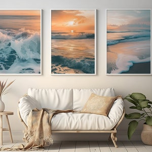 Conjunto de 3 impresiones de playa neutras, decoración boho de arte de pared de playa vintage, impresiones de paredes costeras, arte de pared náutico, imagen de paisaje de póster del océano,