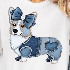 Perro con parches de mezclilla PNG, lindo diseño de sublimación de puntada de vaquero Corgi, perro con parches de mezclilla azul Corgi PNG, cachorro Corgi con parche de mezclilla PNG