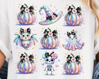 Schillerndes Halloween PNG, Kokettes Halloween-Sublimationsdesign, Pastell-Halloween-PNG, gruseliges süßes Kawaii-Geist-Fledermaus-Kürbis-Skelett PNG
