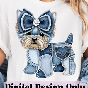 Denimlappmönster för hund PNG, sublimeringsdesign för Yorkshire terrier med jeansstygn, hundlappmönster för blå jeans, Yorkshire terrier PNG, valplapp för Yorkshire terrier PNG