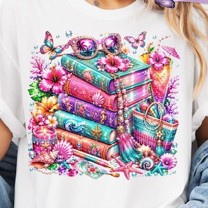 May include: White t-shirt featuring a vibrant, colorful design of stacked books, sunglasses, and tropical flowers. The design includes the text "Digital Design Only" and "8 FREE Designs Included". The design is surrounded by butterflies and other beach-themed elements.
