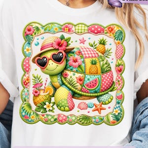 May include: White t-shirt featuring a colorful cartoon turtle wearing heart-shaped sunglasses and a straw hat. The turtle is surrounded by tropical flowers, fruit, and a cocktail. The text "Digital Design Only" is displayed at the bottom.