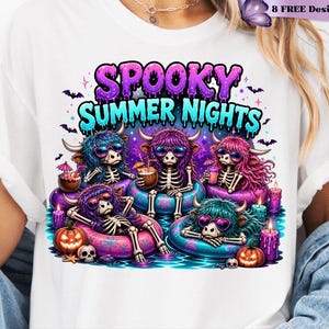 May include: White t-shirt featuring a colorful graphic of skeleton cows relaxing in a pool with cocktails, the text "Spooky Summer Nights", and the words "Digital Design Only". Includes 8 free designs.