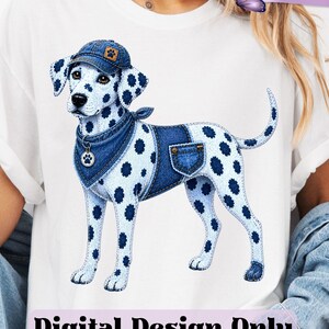 May include: A white t-shirt featuring a graphic of a Dalmatian dog wearing a denim cap, a denim bandana with a paw print charm, and a denim vest with a pocket. The text 8 FREE DESIGNS INCLUDED and Digital Design Only is visible on the shirt.