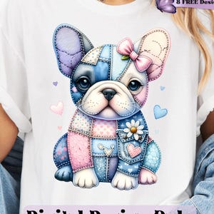 Denim Patchwork Dog PNG, French Bulldog Jean Stitch Sublimation Design, Cute Blue Jean Dog Patchwork PNG for T-Shirts, Denim Patch Puppy PNG