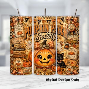 Gobelet isotherme vintage d'Halloween, motif citrouille effrayante, impression par sublimation, style champ de citrouilles vintage (PNG)