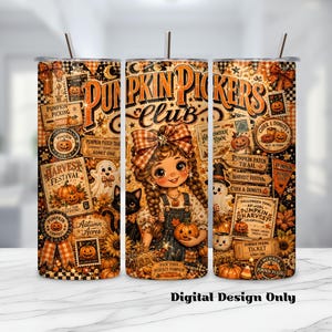Gobelet isotherme vintage d'Halloween, motif citrouille de saison effrayante, sublimation, PNG champ de citrouilles vintage