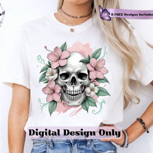 Floral Skull Sublimation Png, Gothic Flowers and Skeleton Sublimation Clipart Digital Design, Pastel Gothic Skull Digital Download File