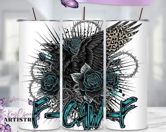 F-caw-f Tumbler Wrap, Teal Gothic Roses Leopard Print Punk Grunge Raven 20oz Sublimation Design, Funny Sarcastic Rude Humor Black Crow PNG
