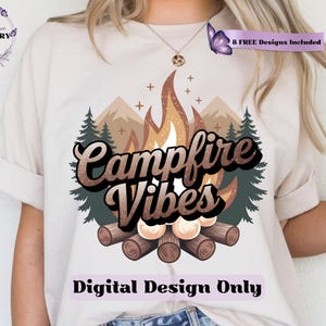 Noches de campamento divertidas PNG, diseño de sublimación con ambiente de fogata de verano y malvaviscos, descarga digital de autocaravana al aire libre, ambiente de campamento de verano PNG