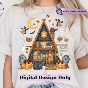 Haunted Fall Bookstore PNG, Trendy Cute Halloween Spooky Ghosts Cozy Bookish Library Sublimation Clipart Design for Stickers and Shirts,