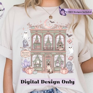Haunted Fall Bookstore PNG: Spooky Halloween Sublimation, Cozy Bookish Ghost Design (Digital Download)