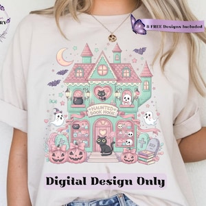 Haunted Fall Bookstore PNG, Trendy Cute Halloween Spooky Ghosts Cozy Bookish Library Sublimation Clipart Design for Stickers and Shirts,