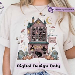 Haunted Fall Bookstore PNG: Cozy Bookish Halloween Design, Spooky Library Ghost Sublimation (Digital Download)