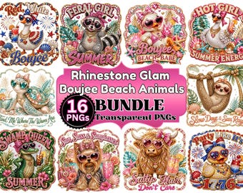 Rhinestone Summer Beach PNG Bundle 16 Designs, Boujee Beach Animals Sublimation, Cute Beach Quotes PNG Set, Beach Vibes Summer Animals png