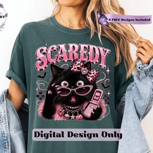 Bring a little drama and a lot of personality to your spooky season creations with this adorable Scaredy Cat Halloween PNG featuring a wide-eyed black cat in a glamorous pink coquette aesthetic. Dressed in sparkling rhinestone sunglasses, a pink leopard bow, layered jewelry, fluffy pink accents, and holding a trendy Y2K flip phone, this fashionable feline perfectly captures the playful side of Halloween.